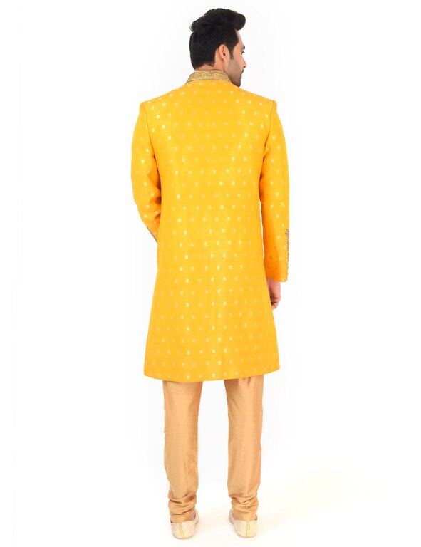 SMVM Indo Western Sherwani Mens Wear With Jardoshi Hand Work Yellow Colour (38)